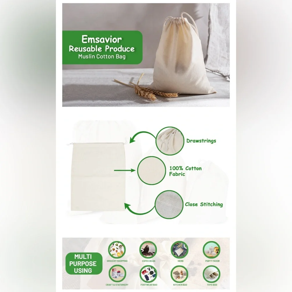 Reusable Cotton Storage Produce Bags With Drawstrings, Muslin Bags